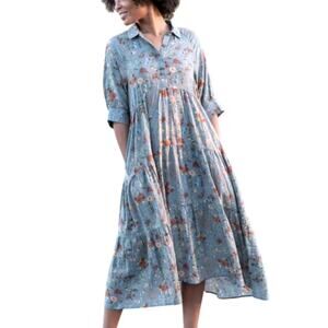 Natural Life Floral Tiered Maxi Dress Baby Doll Puff Sleeve Gray M Lagenlook